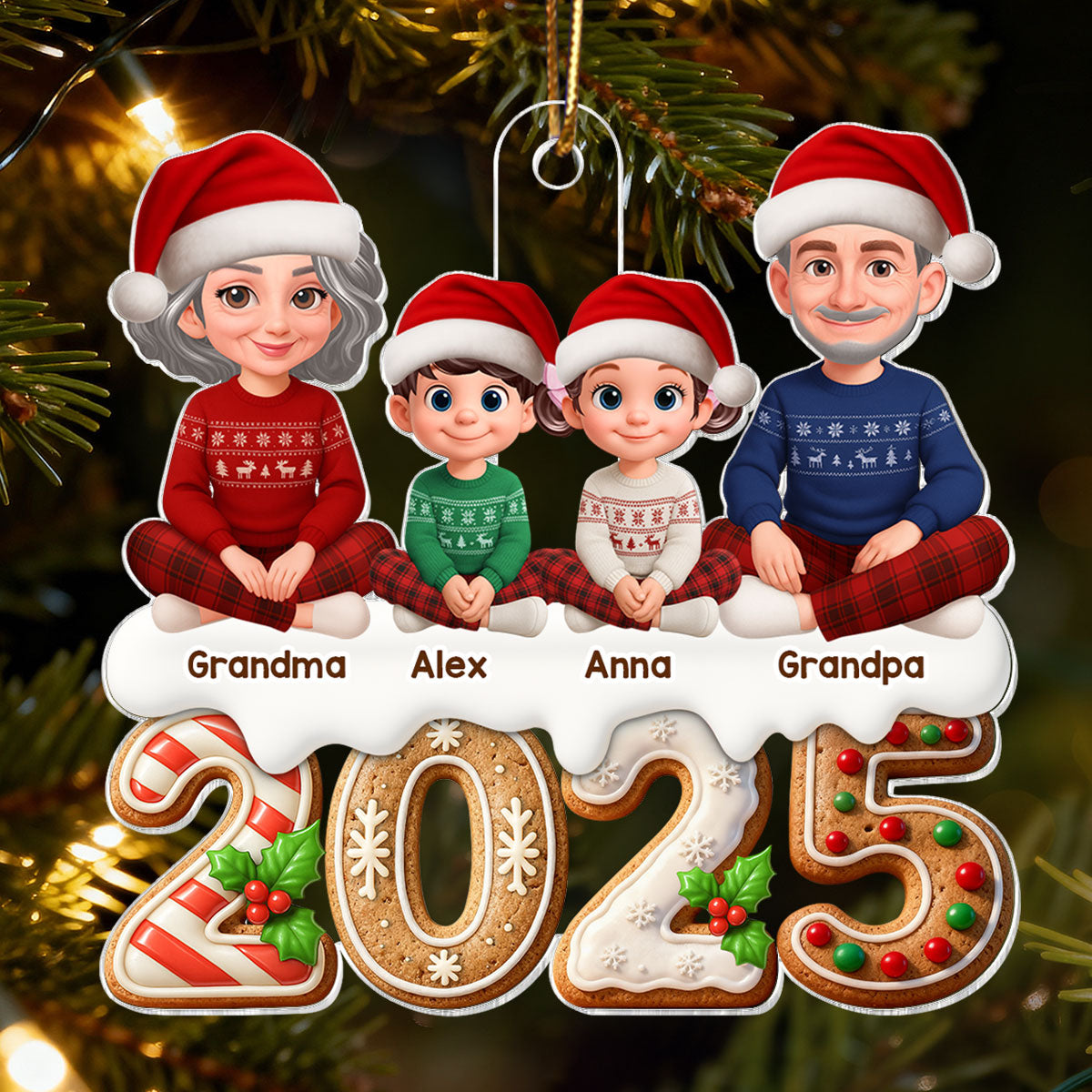 3D Effect Gingerbread Pattern Beautiful Grandma Grandpa Grandkids Together Christmas - Personalized Acrylic Ornament