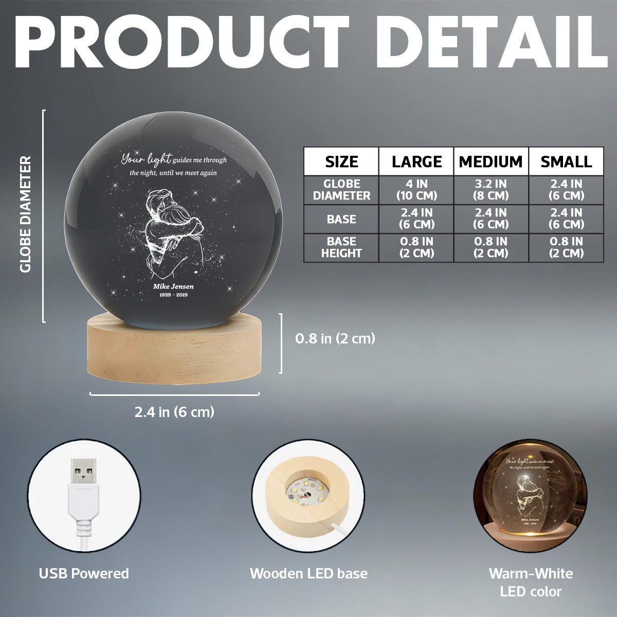 A Piece Of My Heart Lives in Heaven Couple Hugging - Personalized Crystal Ball LED Night Light - Memorial Remembrance Keepsake