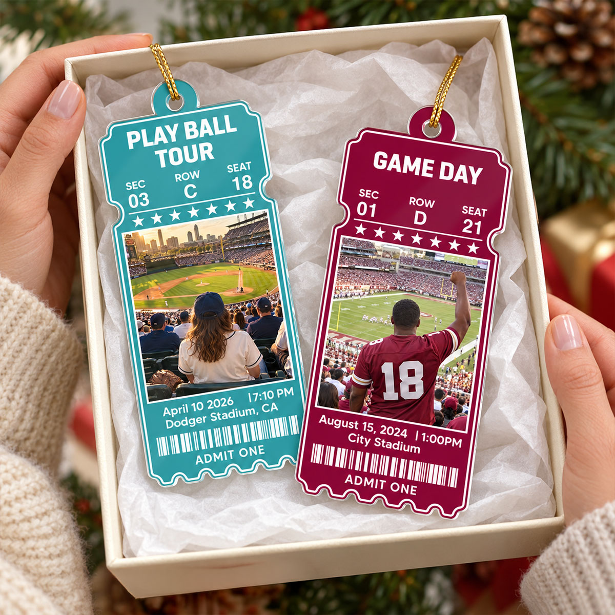 Custom Sports Ticket - Personalized Acrylic Ornament - Game Day Keepsake Stadium Memory, Christmas Gift for Him, for Her