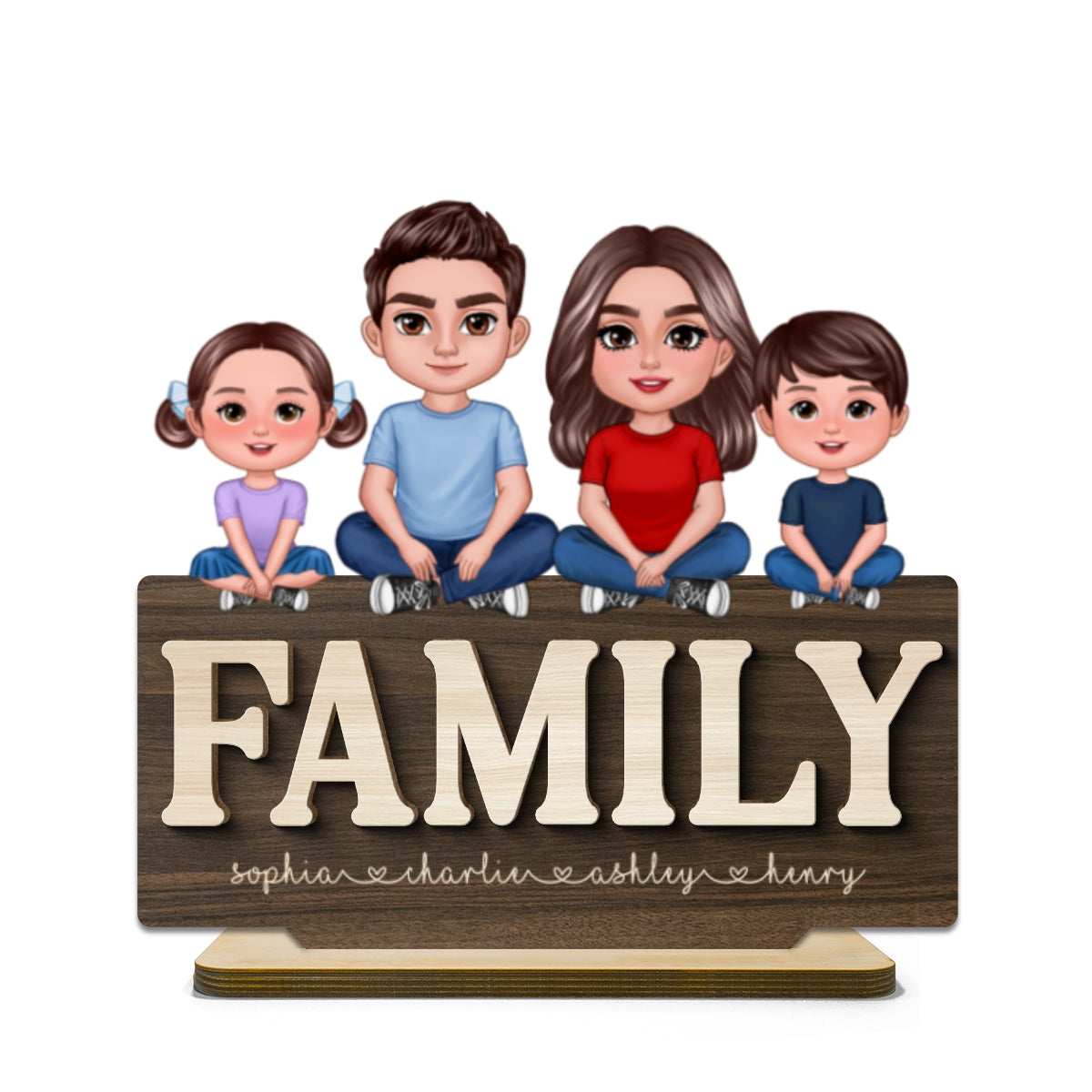 Whole Family Crossed Legs Sitting On Word Dad Mom Kid Dog Cat Personalized 2-Layer Standing Wooden Plaque