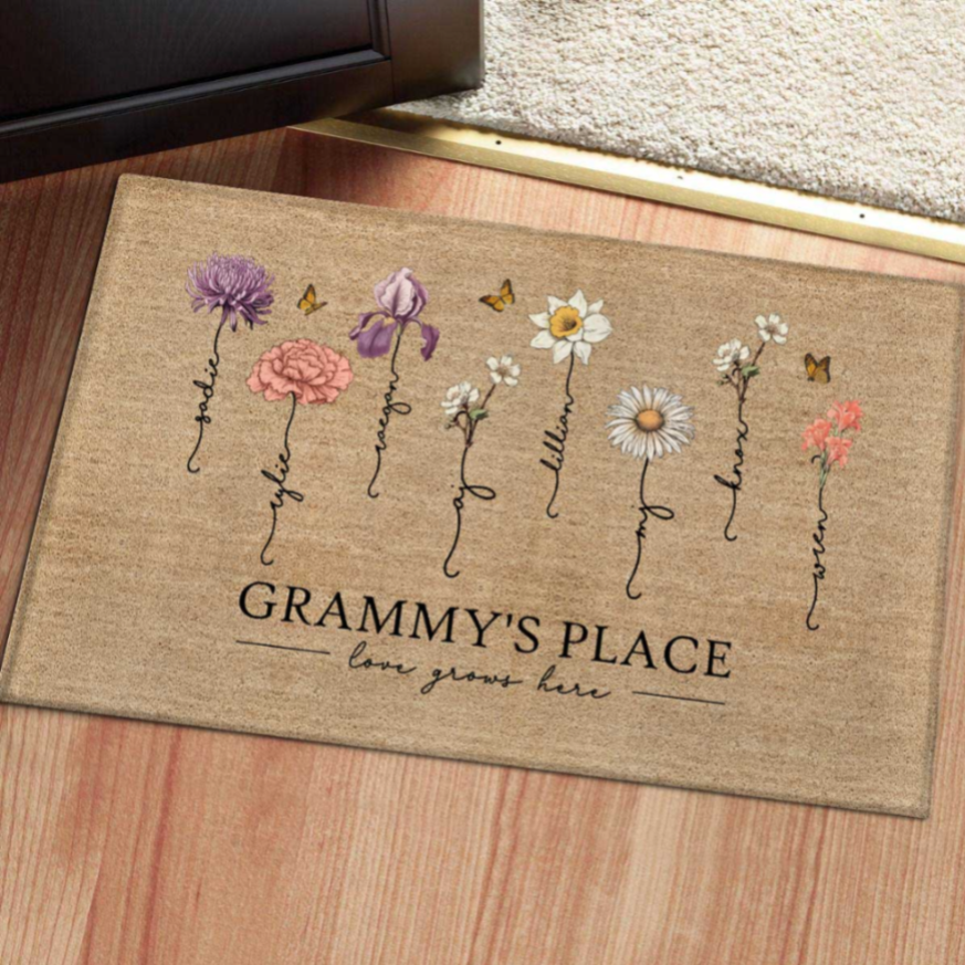 [FREE DELIVERY - Limited time offer] Grandma‘s Garden Love Grows Here Vintage Birth Flowers Swirl Name Personalized Doormat, Gift For Her, Mom, Grandma