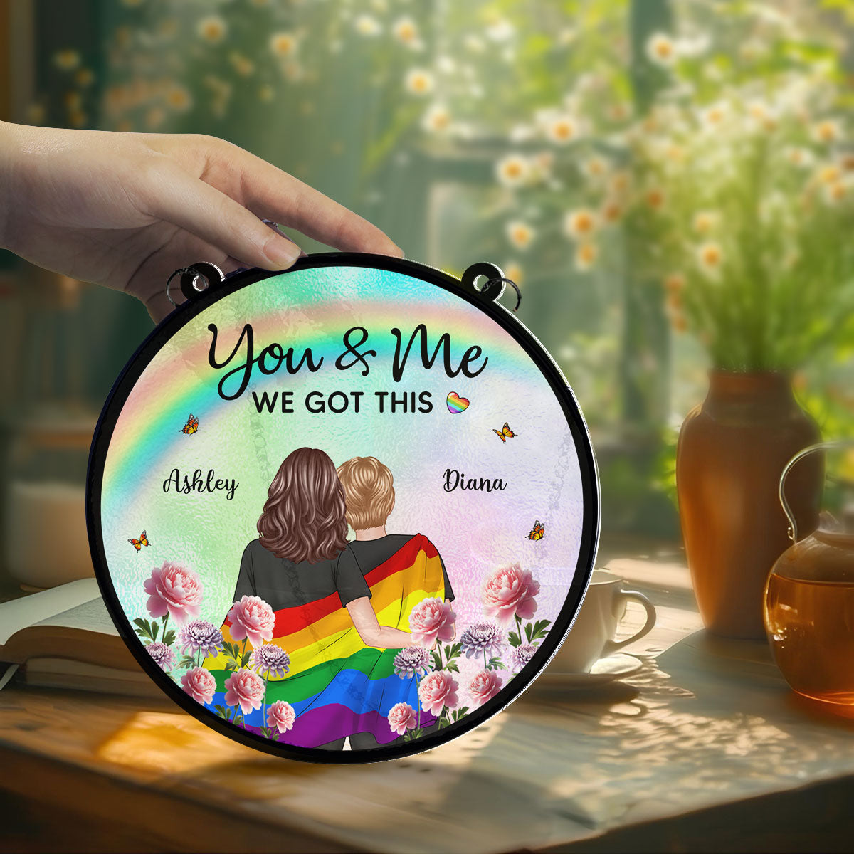 Pride Month LGBT Couple Birth Month Flowers Personalized Suncatcher, Gift For Couple
