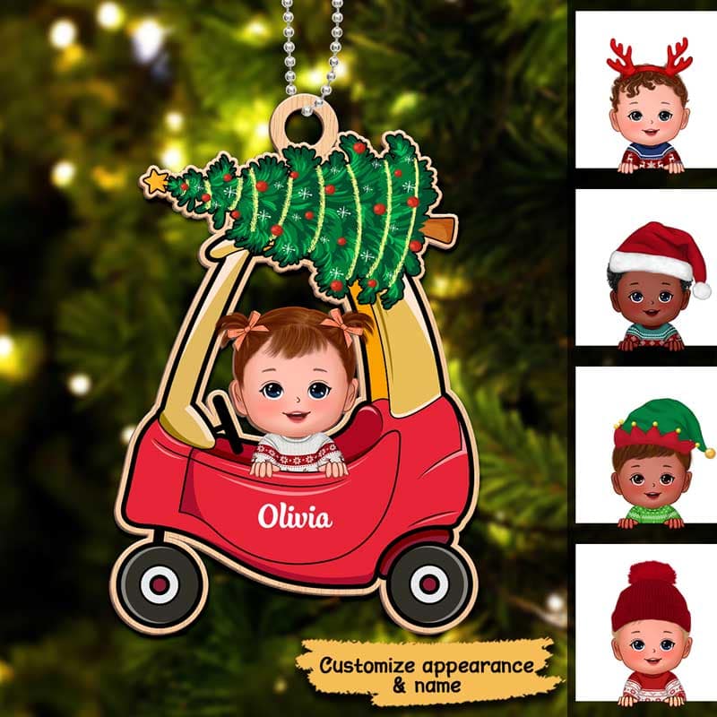 Baby In Christmas Car Toy First Christmas Personalized Wooden Ornament