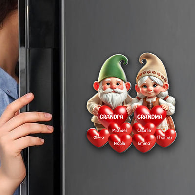 3D Effect Gnome Grandma Grandpa Mom Dad With Heart Kids Personalized Acrylic Fridge Magnet