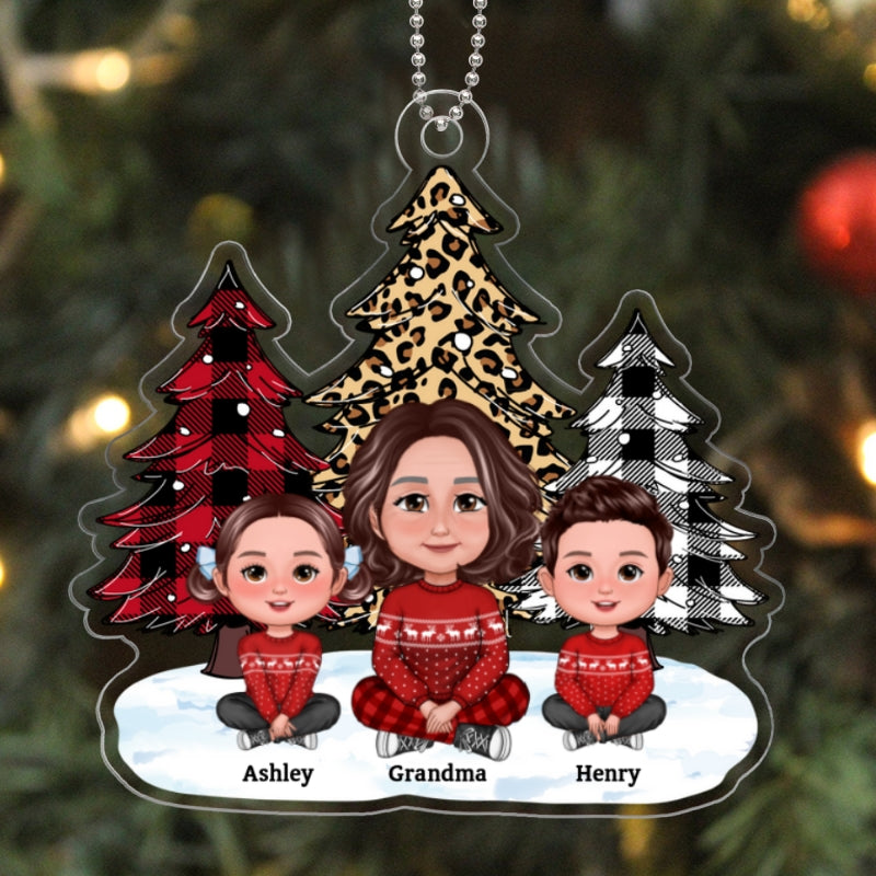 Leopard Checkered Pattern Christmas Tree Grandma Grandkids Personalized Acrylic Ornament