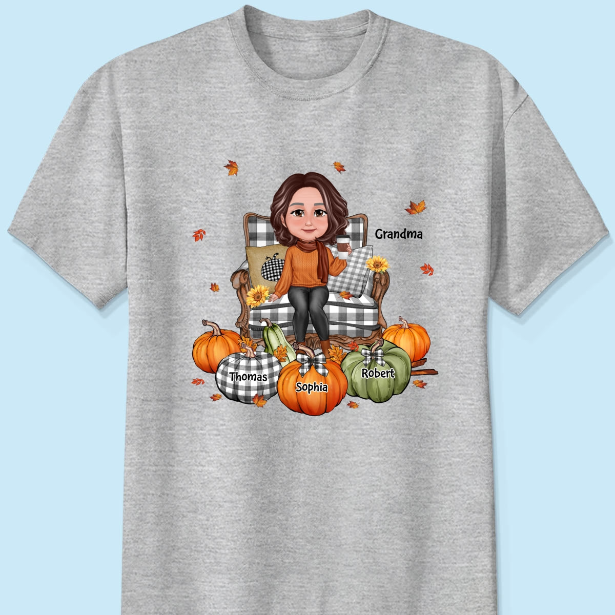 Grandma Sitting On Chair Pumpkins Personalized Shirt