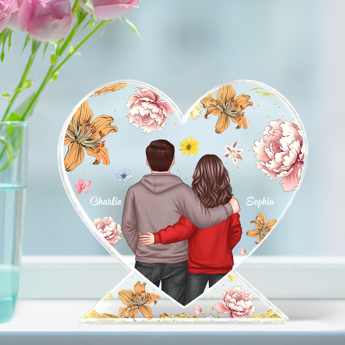 Couple Hugging Back View Birth Month Flower Personalized Acrylic Heart Block Plaque, Heartfelt 2025  Gift, Anniversary Gift For Girlfriend, For Wife