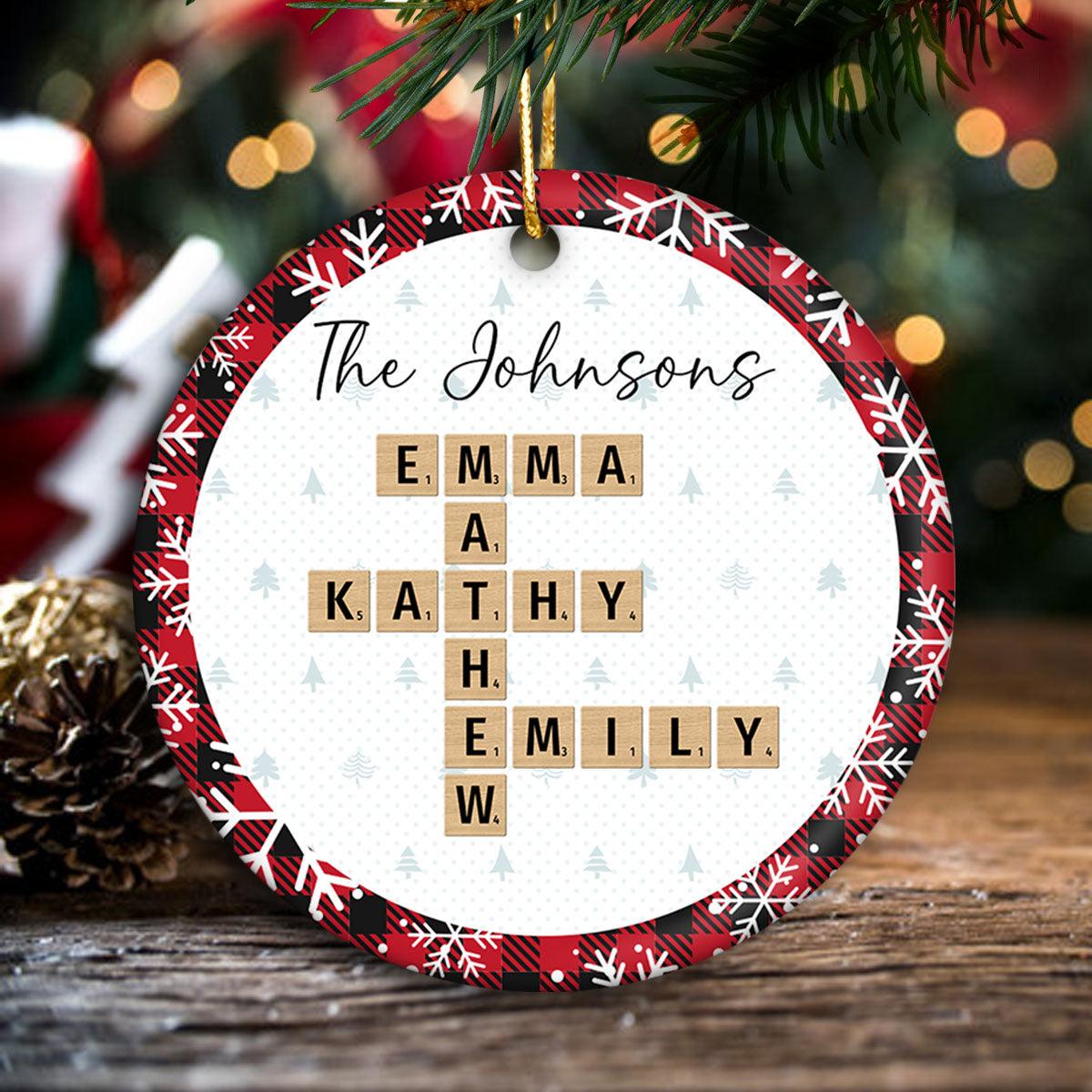 Christmas Plaid Family Crossword Puzzle Art Christmas Decor Personalized Ceramic Ornament