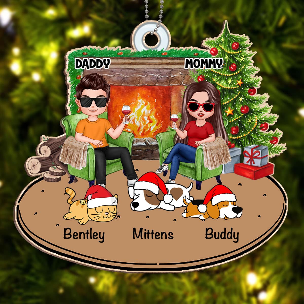 Doll Couple And Dogs Cats Christmas Personalized Wooden Ornament
