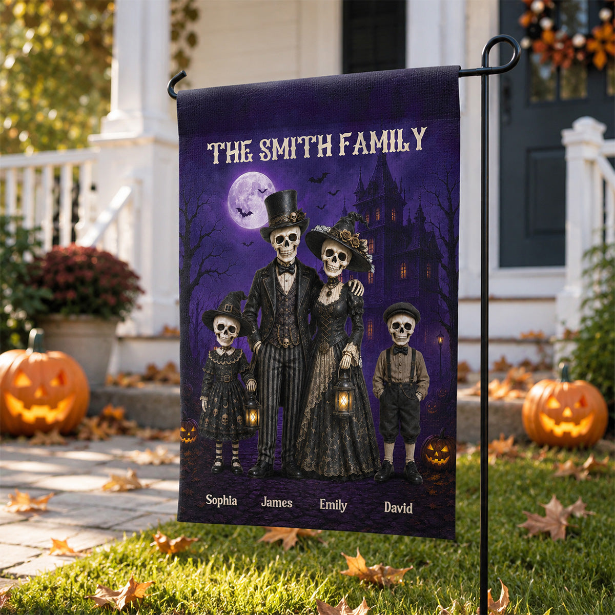 Gothic Skeleton Family - Personalized Garden Flag - Halloween Decoration