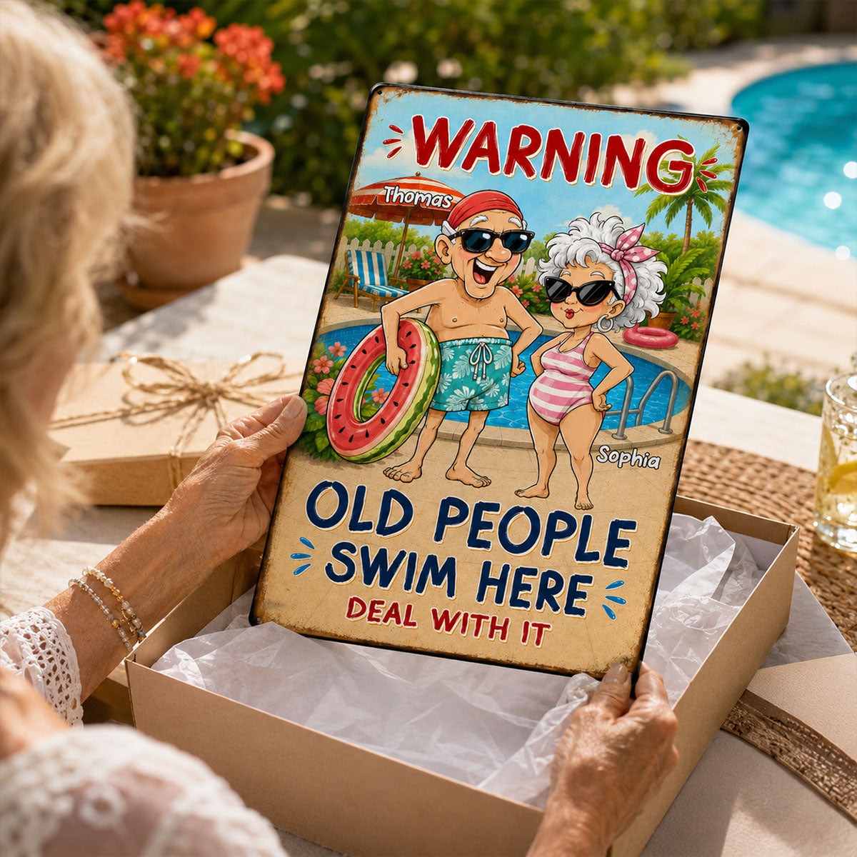 Warning Old People Swim Here Deal With It - Personalized Pool Metal Sign - Funny Vintage Rustic Wall Decor for Pool, Patio