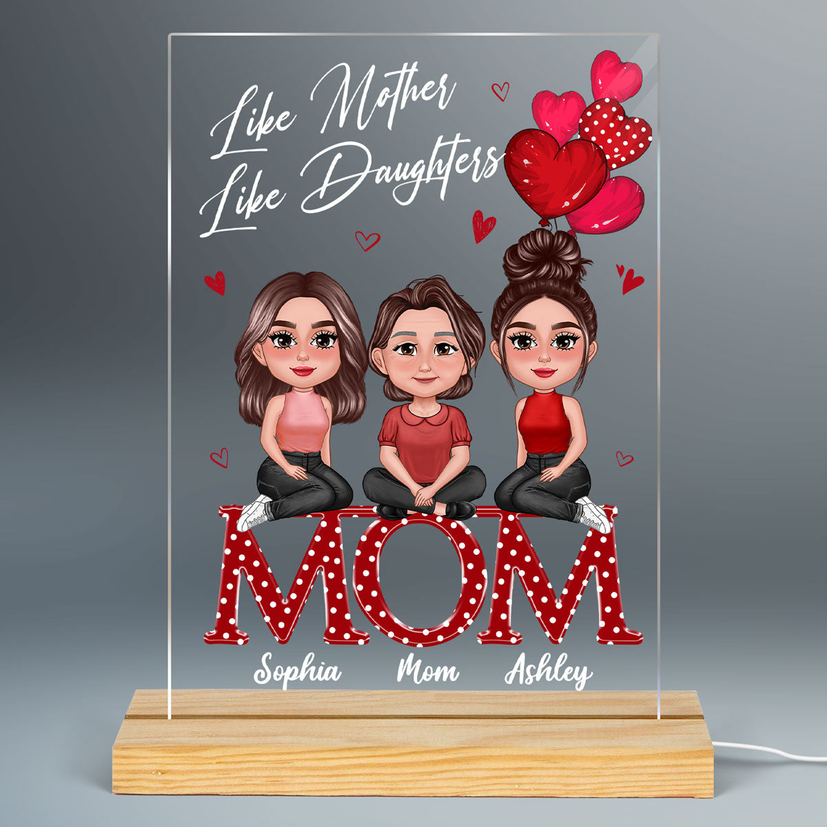 Pretty Doll Mother Daughter Sitting On Text Red Hearts Personalized Acrylic LED Night Light