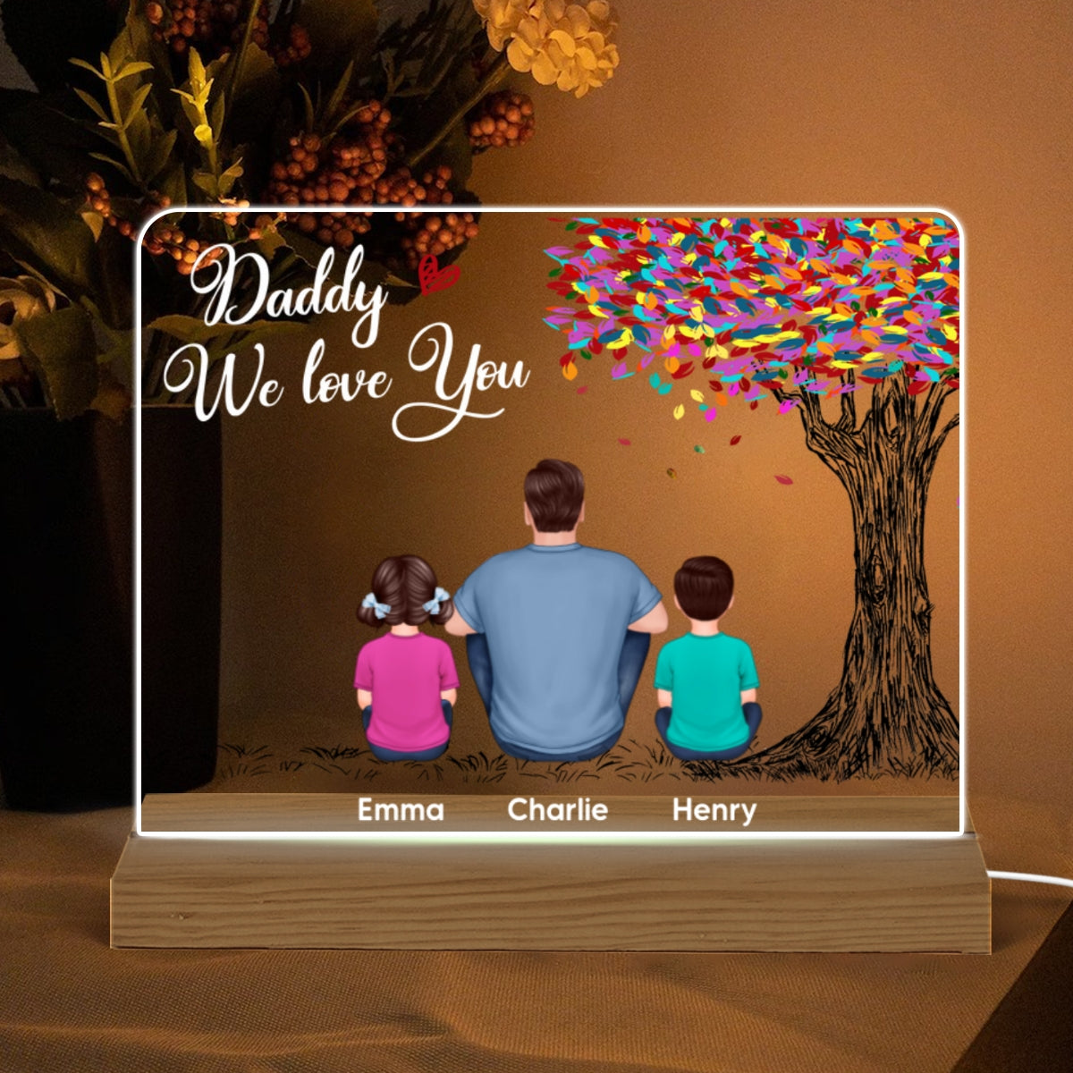 Best Dad Ever Colorful Tree Personalized Custom Shape Warm LED Night Light