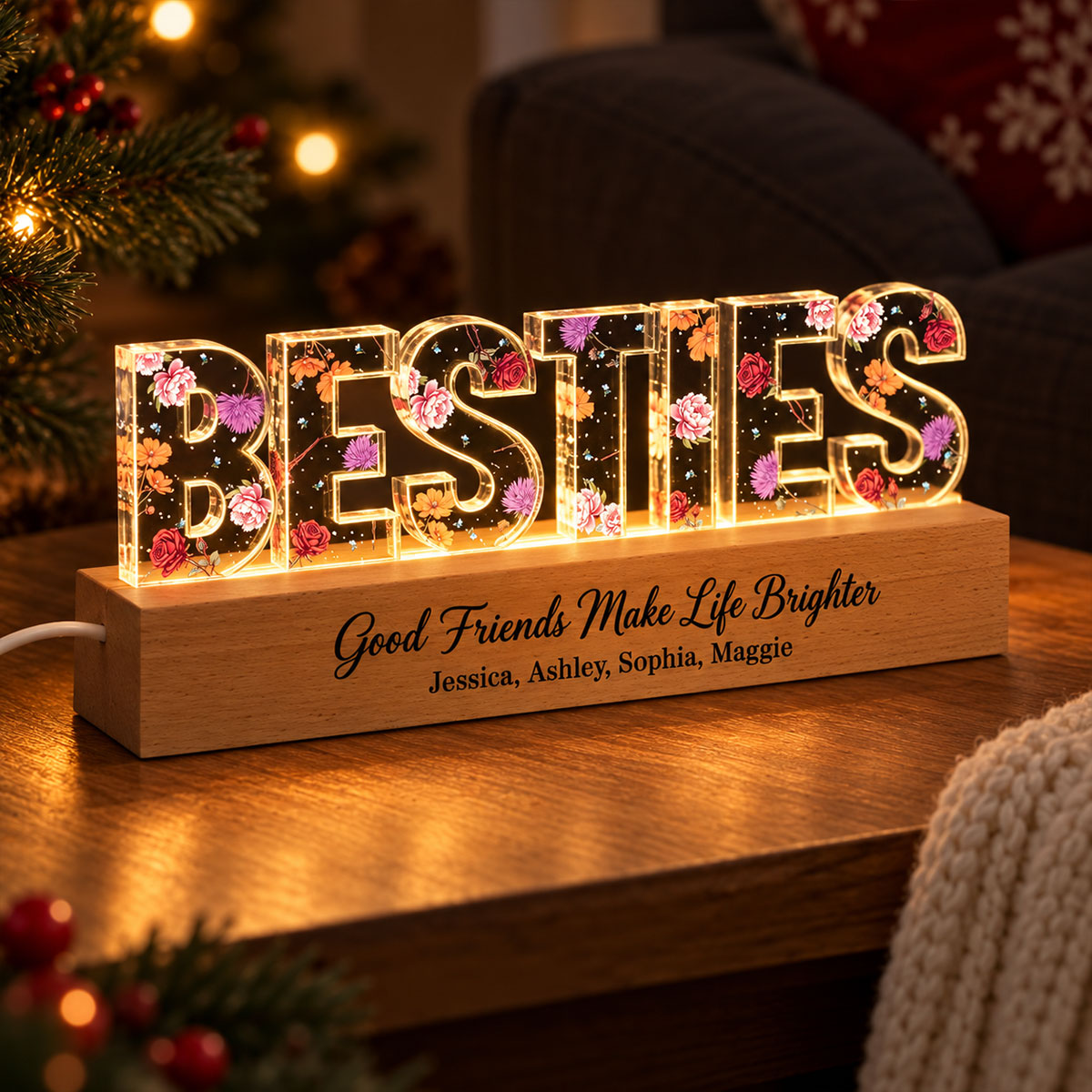 Besties Forever Together Custom Birth Month Flowers - Personalized Acrylic Plaque LED Night Light - Christmas Gift Best Friends, Besties