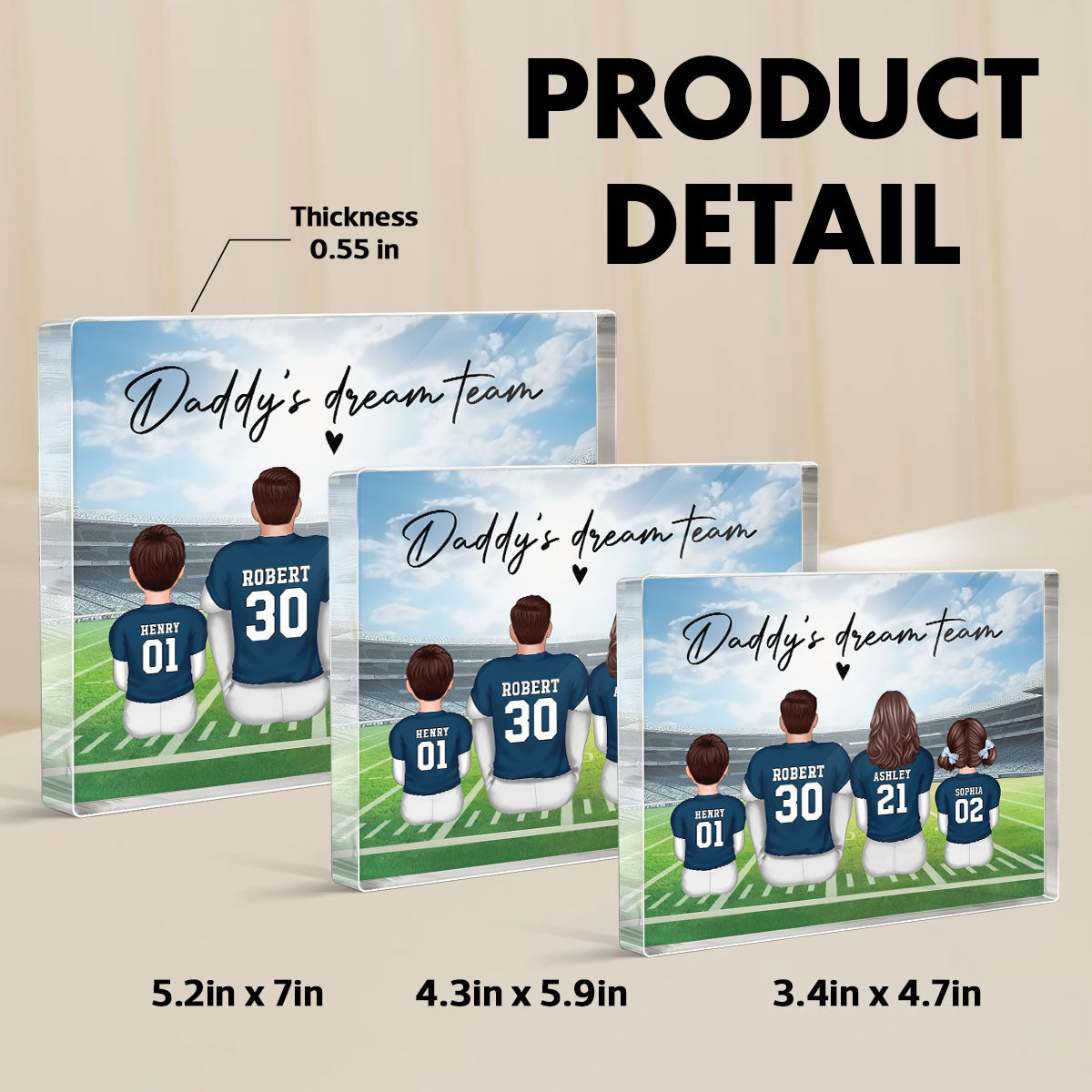 Daddy's Team Football Family Sitting Back View Personalized Acrylic Block, Father's Day Gift