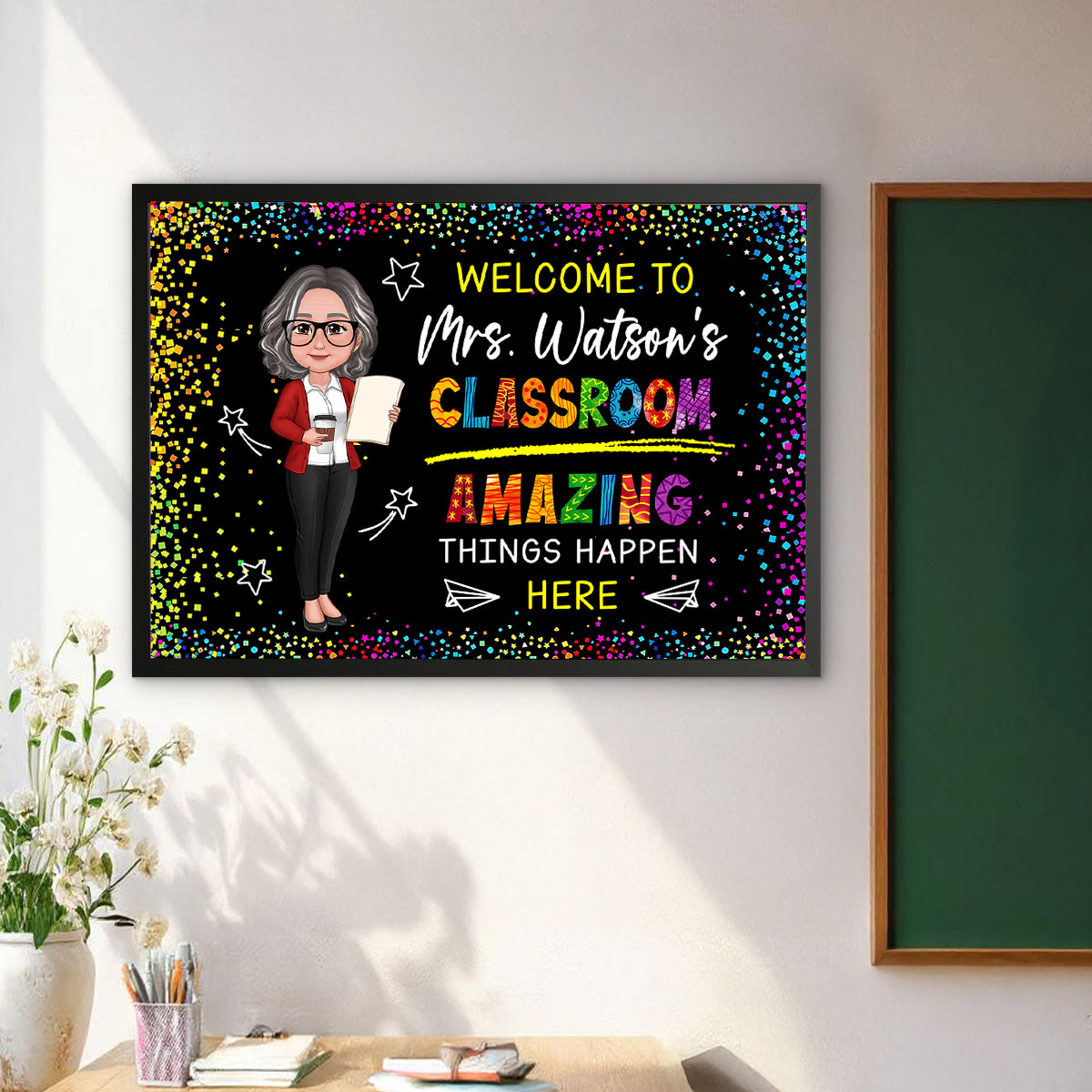 Classroom Amazing Things Happen Here Personalized Motivational Poster, Teacher Classroom Decor