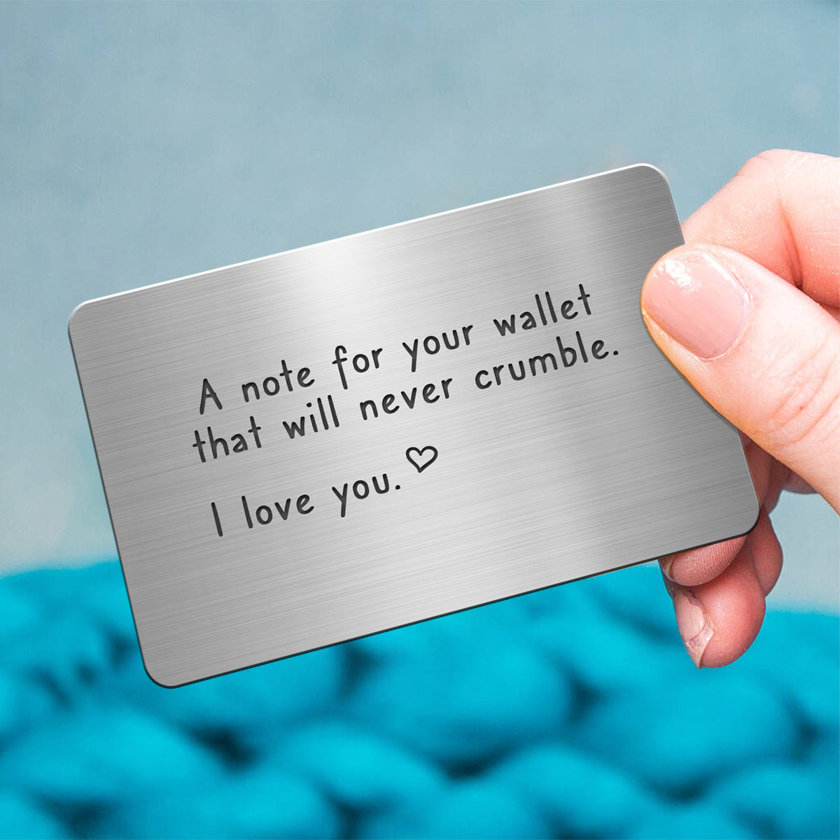 My Love Will Never Crumble Custom Message Doll Couple Sitting Personalized Metal Wallet Card