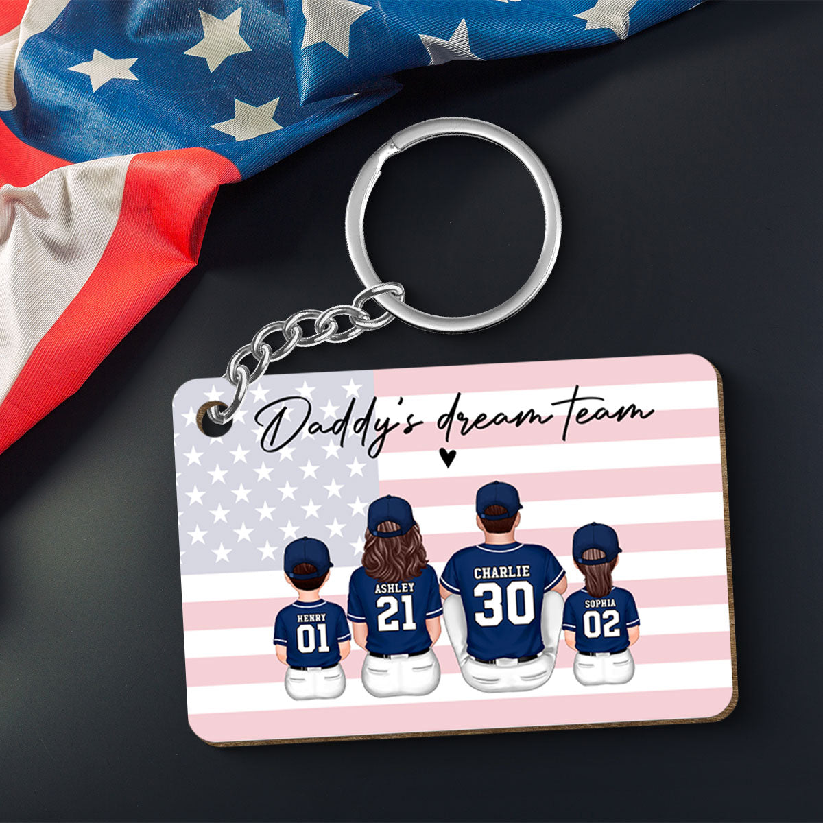 Daddy's Team Baseball Family Sitting Personalized Wooden Keychain, Father's Day Gift For Dad, Grandpa, Husband