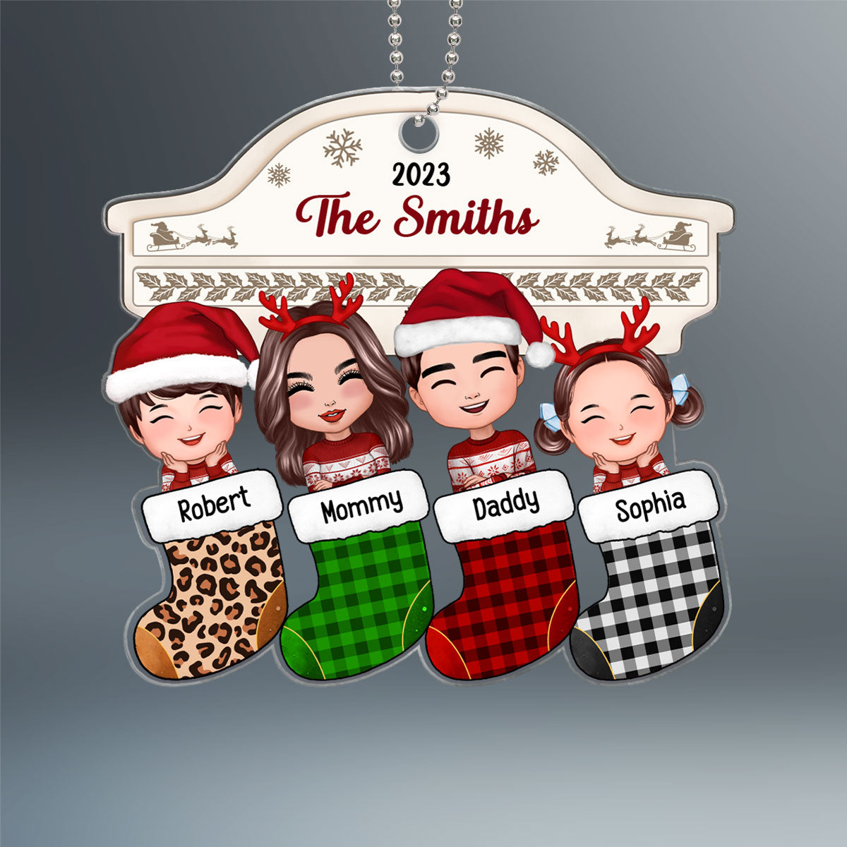 Family Peeking Christmas Stocking Fireplace Personalized Acrylic Ornament