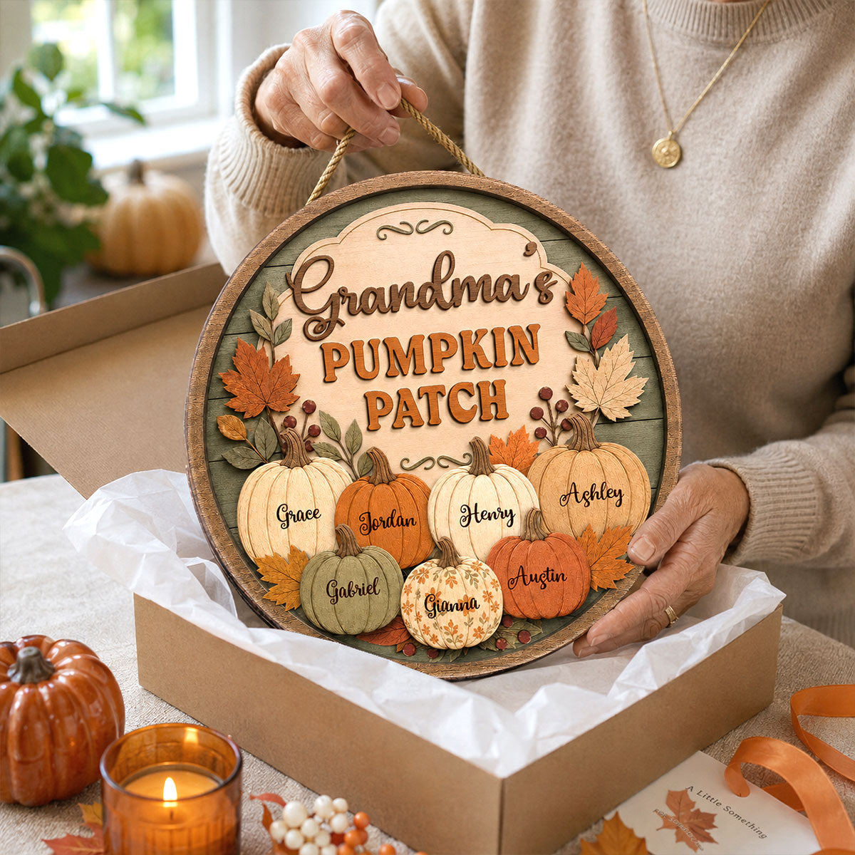Grandma's Pumpkin Patch Vintage Style 2D Flat Printed - Personalized Door Hanger - Fall Season Decor For Grandparents
