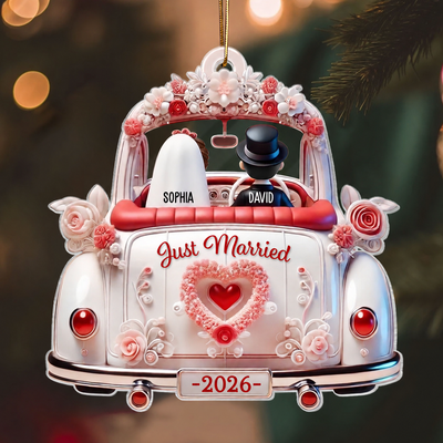 First Christmas Married Couple In Wedding Car Personalized Acrylic Ornament, Unique Christmas Gift For Newlyweds