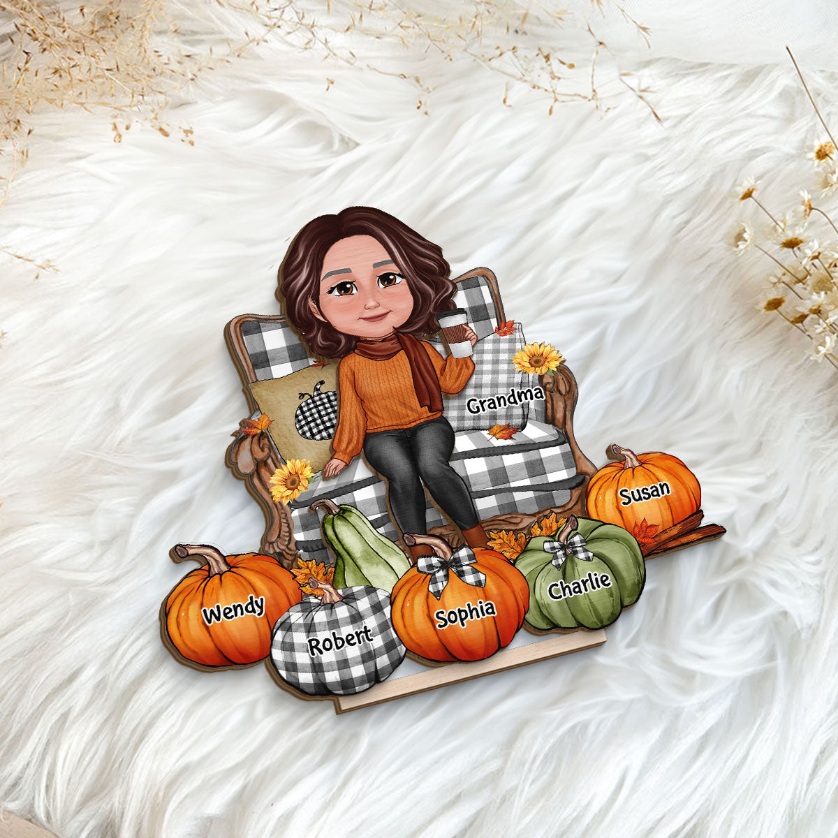 Grandma Sitting On Chair Pumpkins Personalized 2-Layer Standing Wooden Plaque, Fall Season Decor