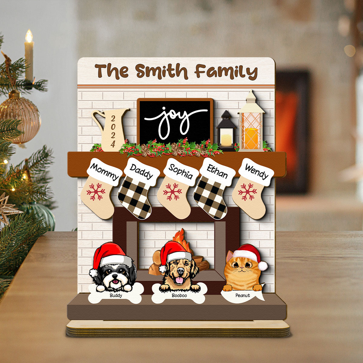 Family With Dog Cat Stockings Fireplace Personalized 2-Layer Standing Wooden Plaque, Christmas Mantle Table Topper
