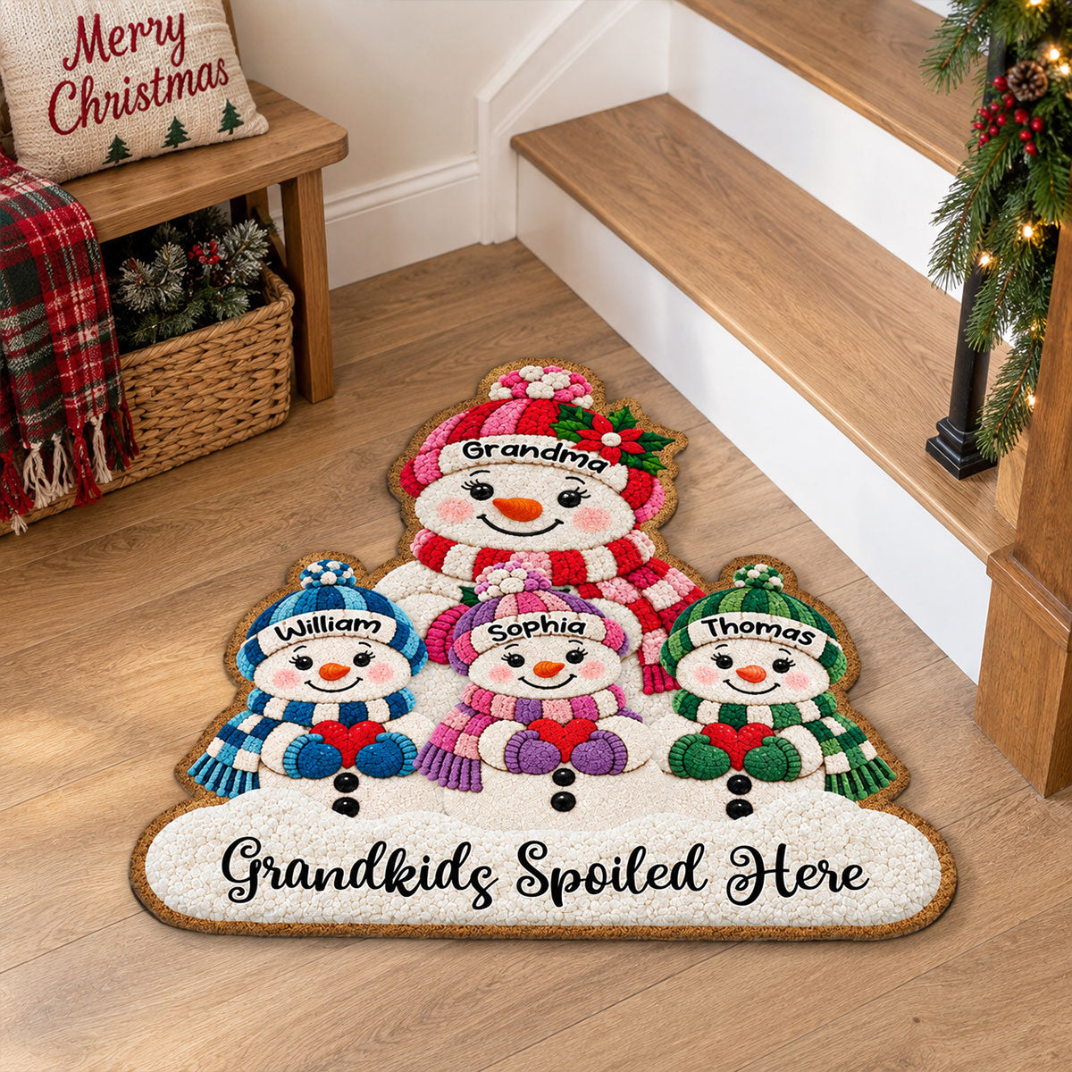Cute Snowman Grandma & Grandkids 2D Flat Printed - Personalized Doormat - Christmas Decor For Grandma