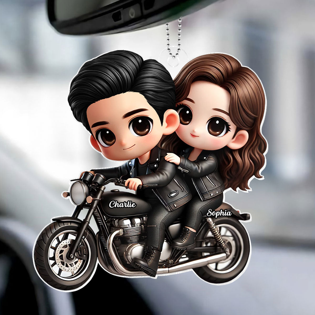 3D Effect Cute Cartoon Couple Motorcycle Personalized Acrylic Car Hanger, Anniversary &  Gift for him, Gift for her