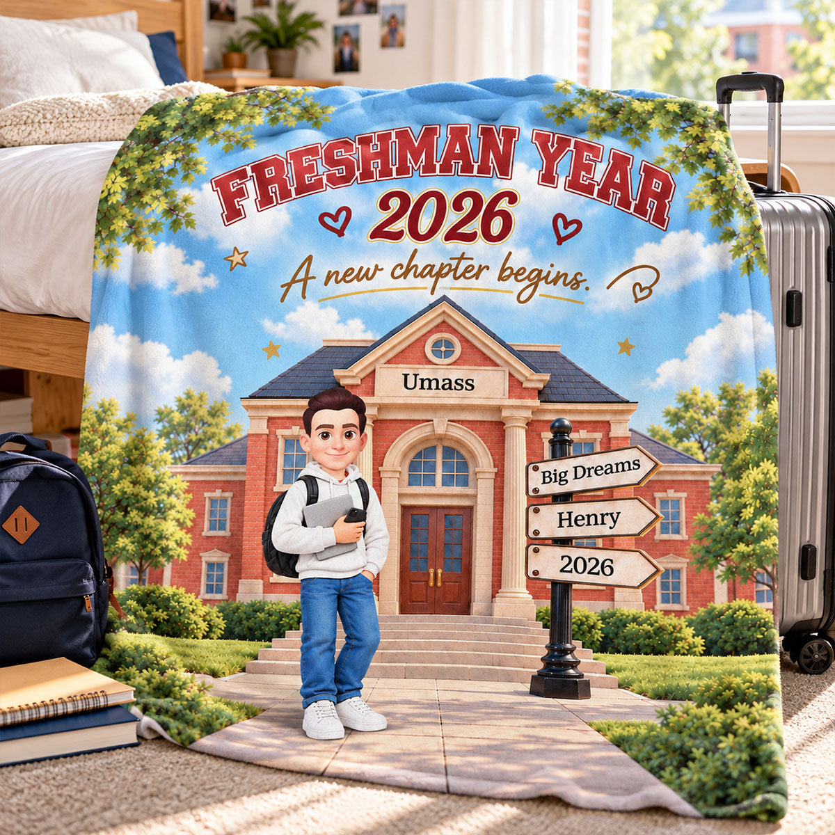 Freshman Year Campus A New Chapter Begins - Personalized Fleece Blanket - Christmas Gift, Back to School Gift for College Students