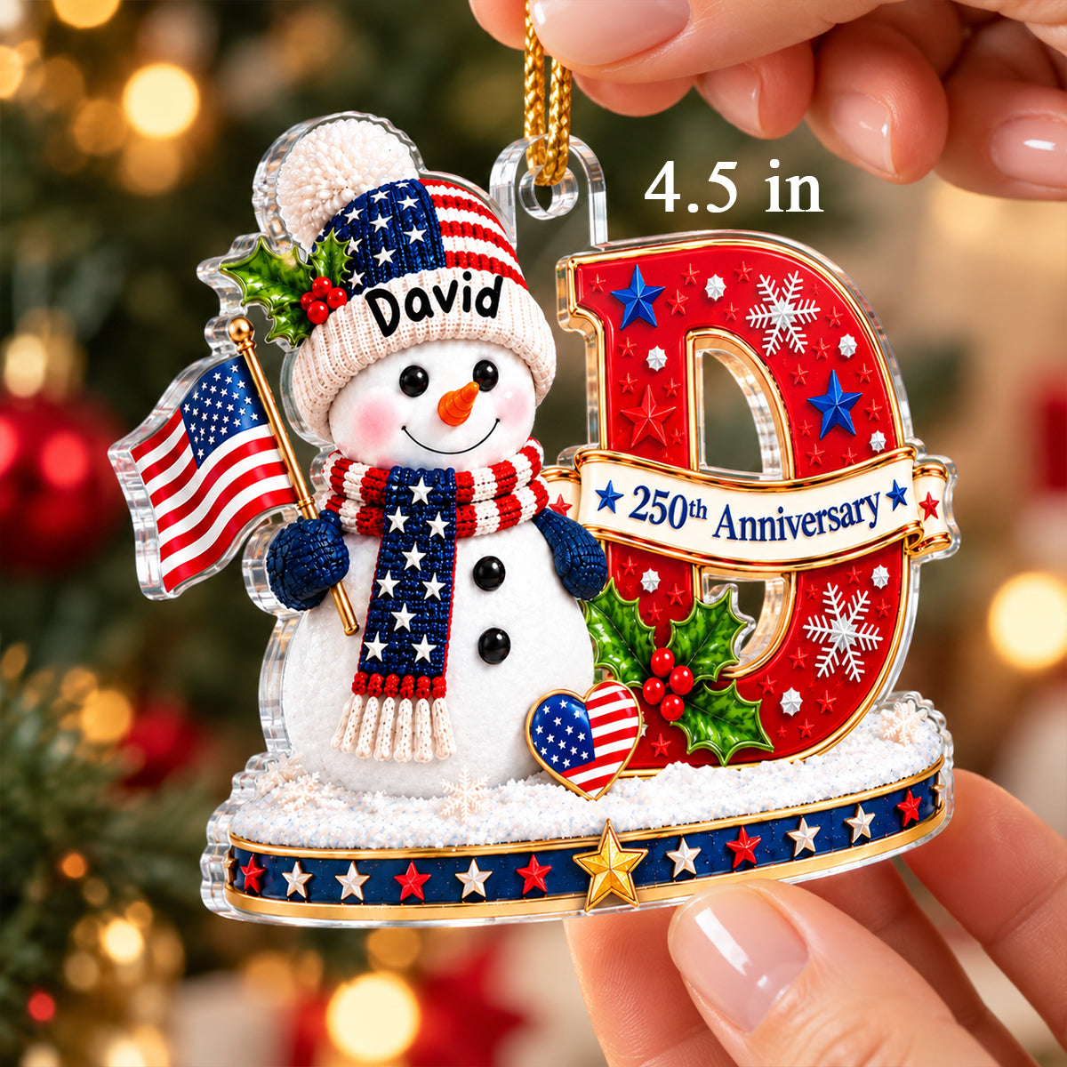 Patriotic Snowman Initial Custom Name 2D Flat - Personalized Acrylic Ornament - USA 250th Anniversary Keepsake