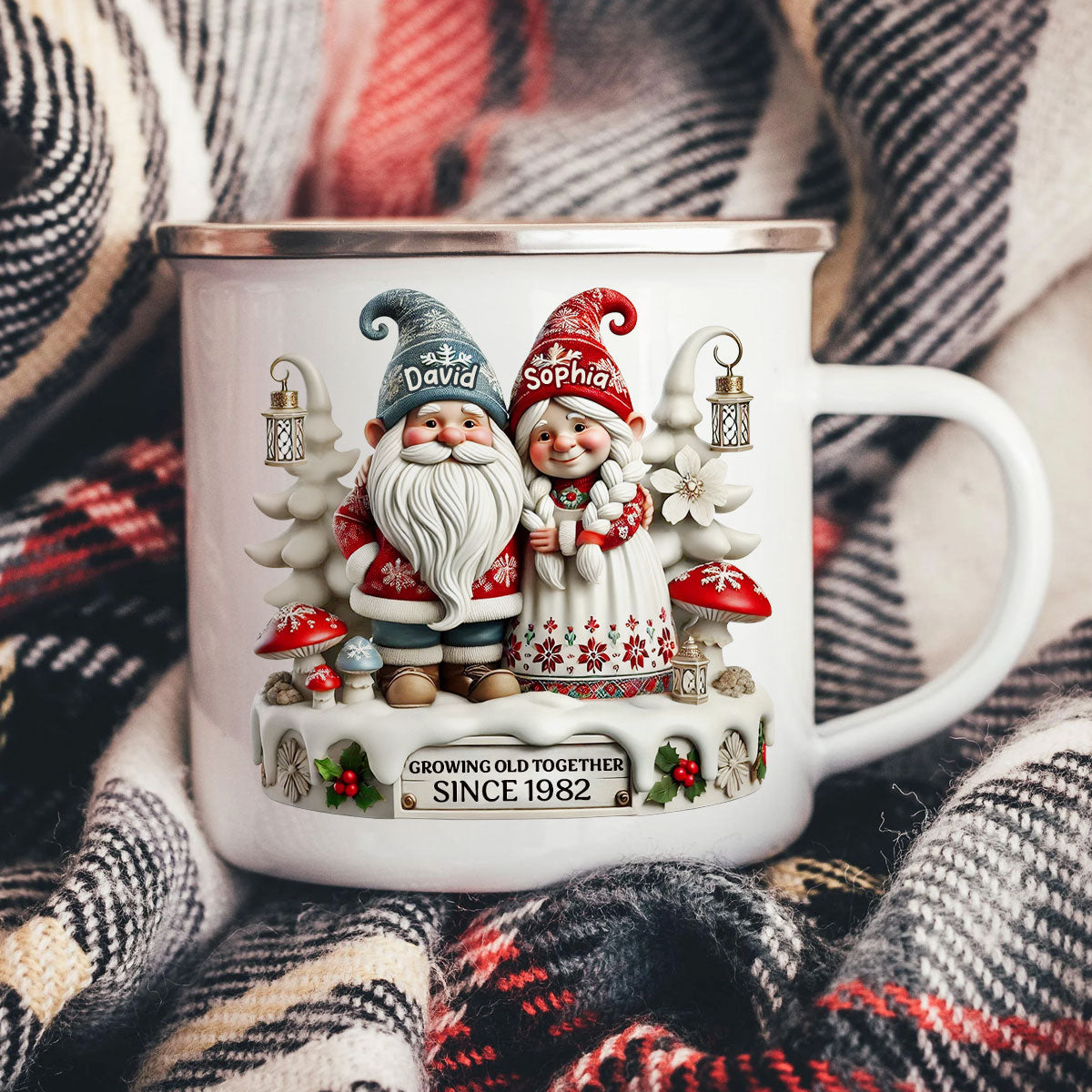 3D Effect Gnome Couple Together Christmas Personalized Campfire Mug, Heartfelt Gift For Couple, For Him, For Her, Husband, Wife