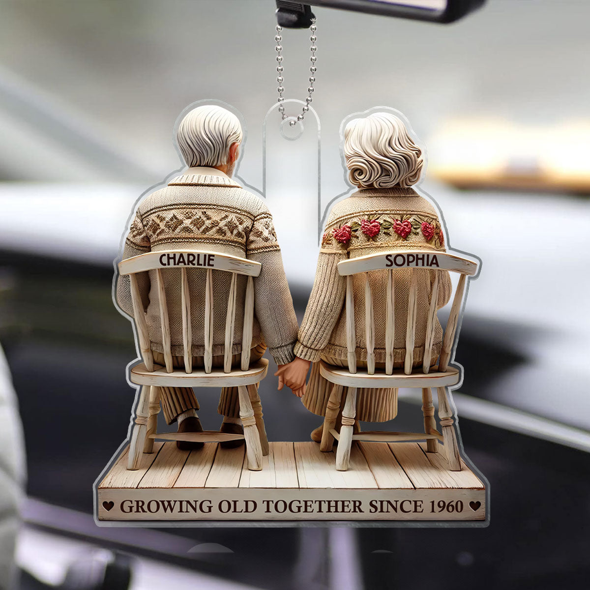 3D Effect Couple Sitting Holding Hands Growing Old Together Personalized Acrylic Car Hanger Ornament, Heartfelt  Gift For Couple, For Him, For Her, Husband, Wife