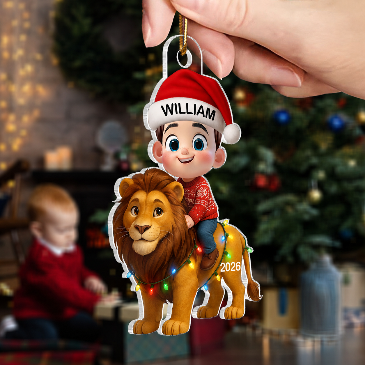 3D Effect Little Kid Jungle Safari Animals Lion Christmas Personalized Acrylic Ornament