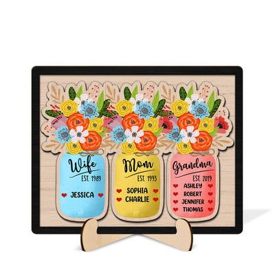 Wife Mom Grandma Flowers Jar Personalized Heart 2-layer Wooden Plaque