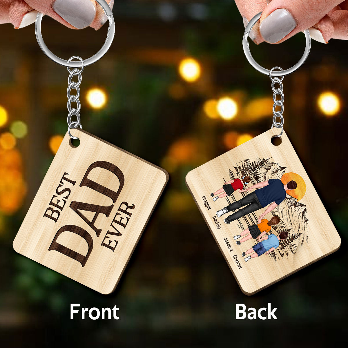 Best Dad Ever Walking Dad And Kids Back View Mountain Sketch Personalized Wooden Keychain