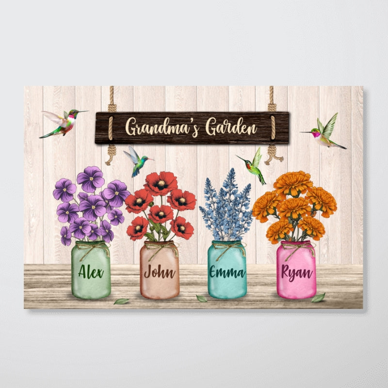 Hummingbird Custom Birth Month Flowers Grandma‘s Garden Personalized Horizontal Poster