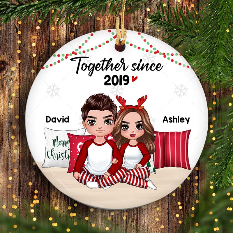 Pajamas Doll Couple Sitting Embracing Personalized Circle Ornament