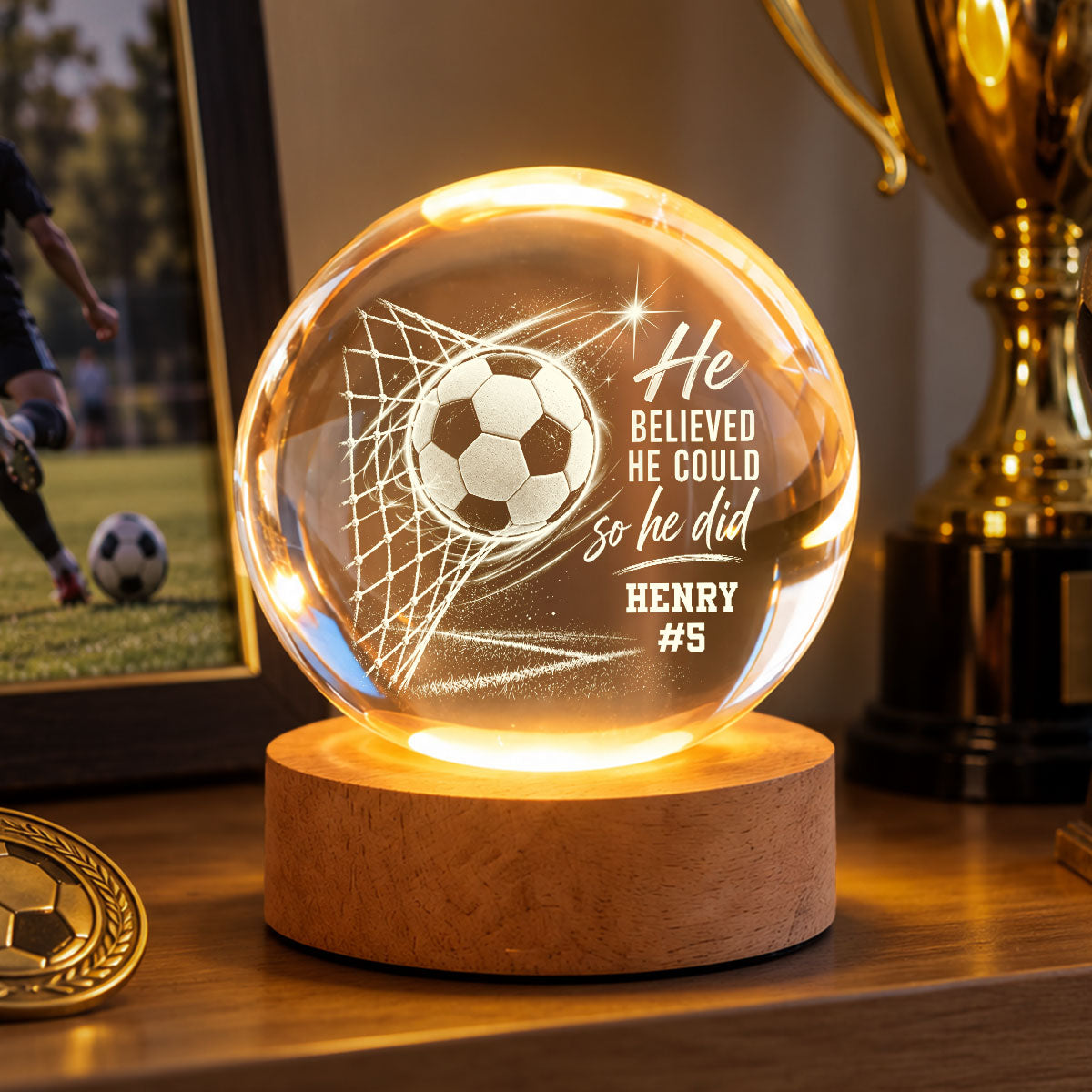 Proud Soccer Player Name And Number - Personalized Crystal Ball - Christmas Gift For Teenagers, Soccer Players, Soccer Lovers, Daughter, Granddaughter, Son, Grandson