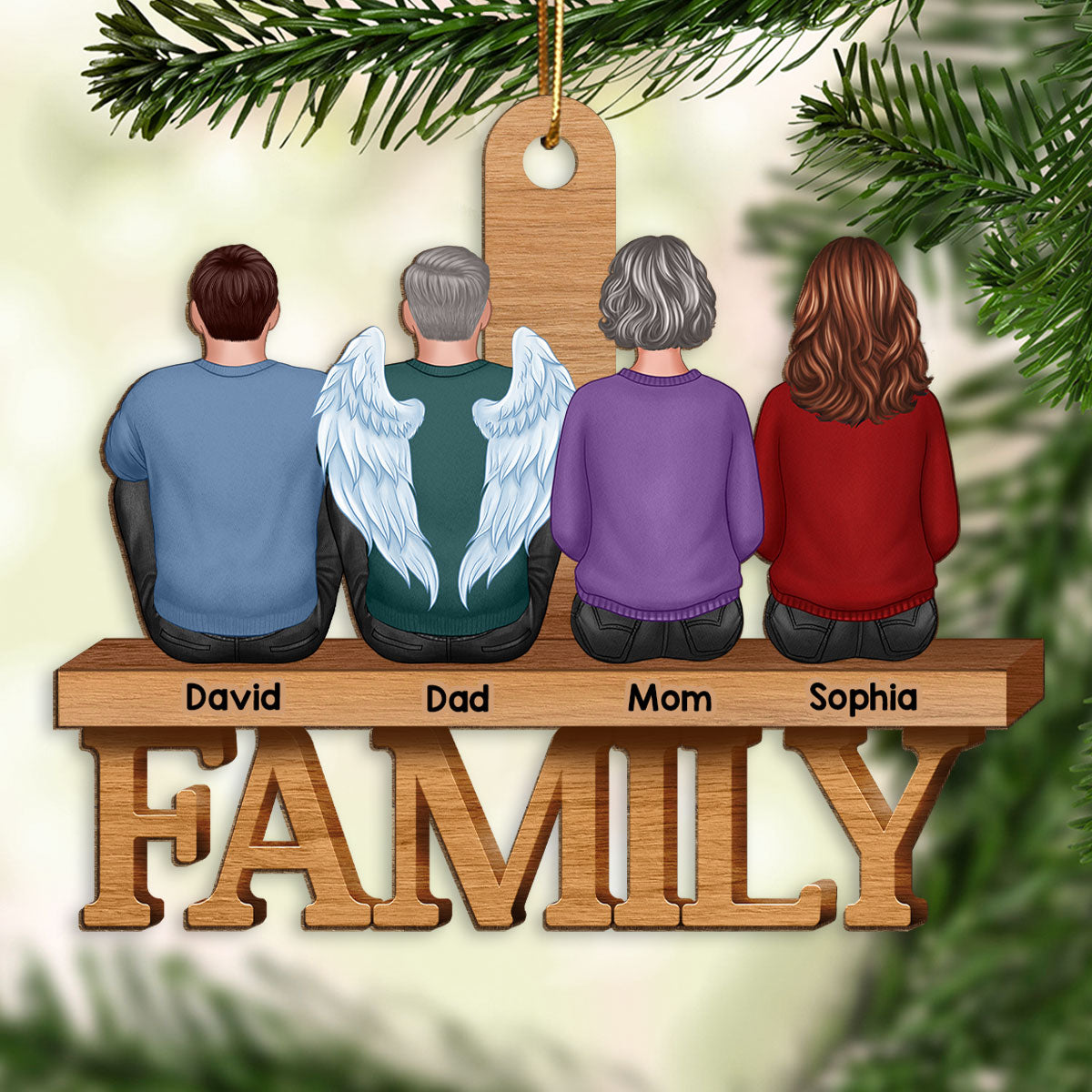 Family Sitting Back View On Word Christmas Gift Personalized Wooden Ornament