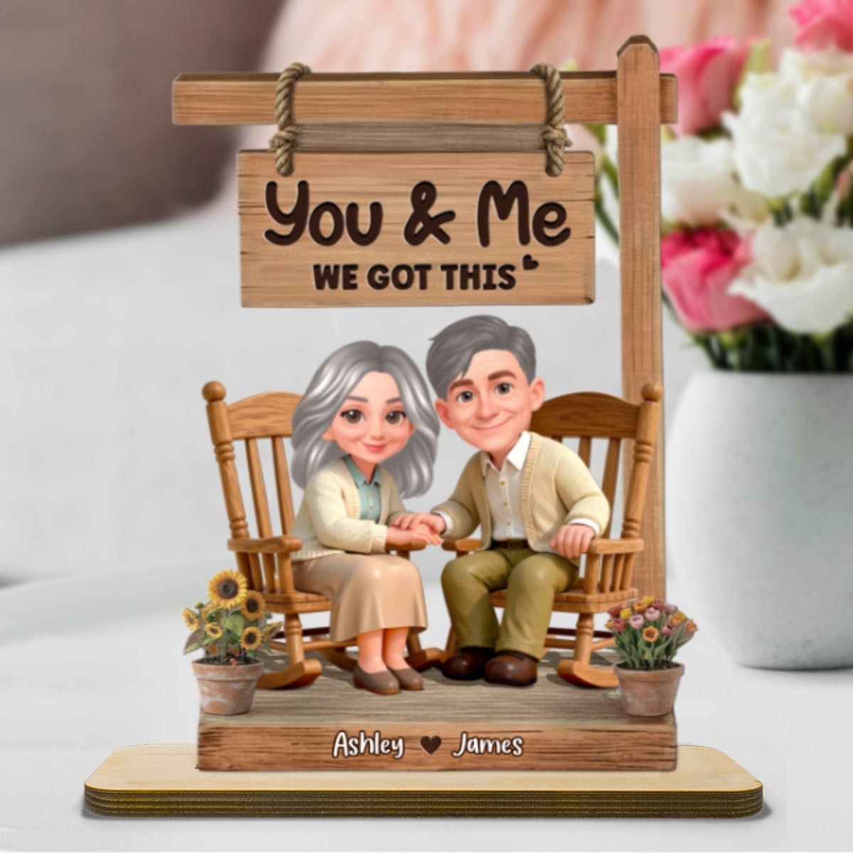 Old Couple Sitting Together Hand On Hand 2D Flat - Personalized 2-Layered Wooden Plaque - Anniversary, Valentine's Day Gift For Him, Gift For Her