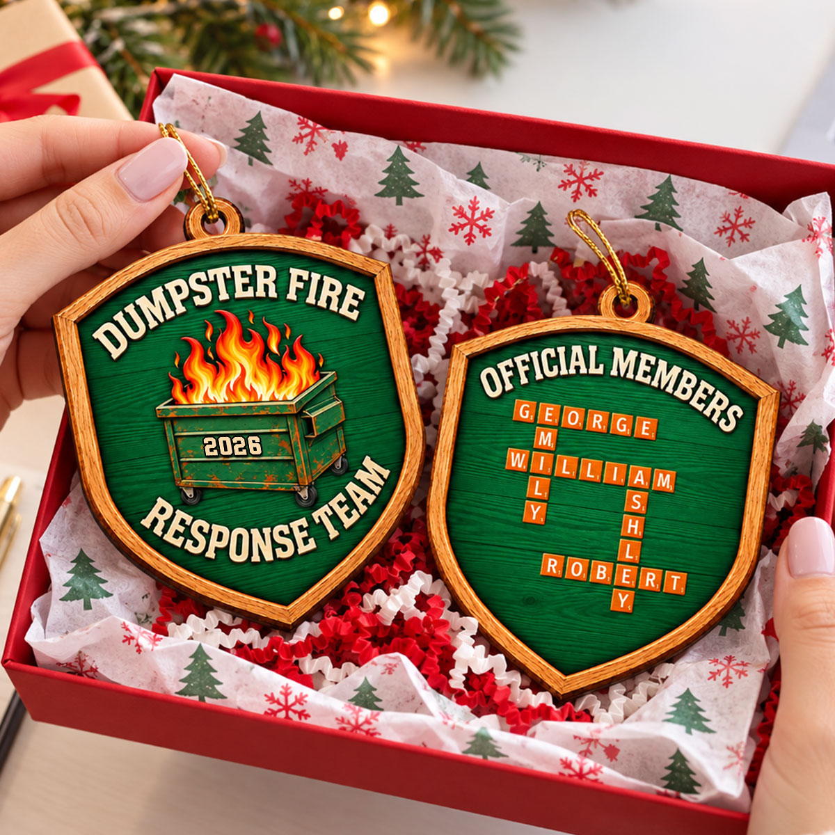 Dumpster Fire Response Team Official Members Custom Names Puzzle - Personalized Double-Sided Wooden Ornament