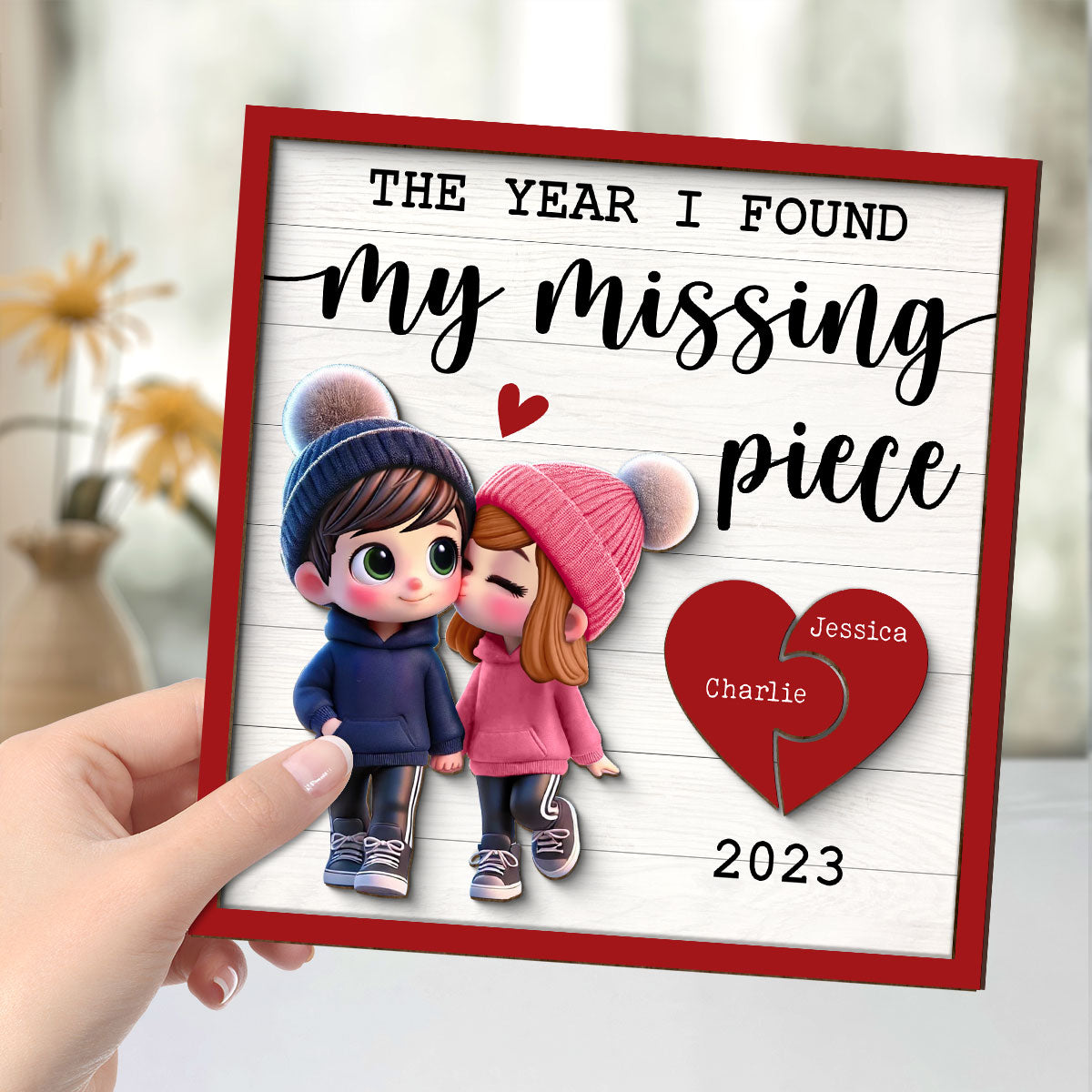 The Year I Found My Missing Piece Cute Couple Walking Personalized 2-Layered Wooden Plaque,  Gift for him, Gift for her
