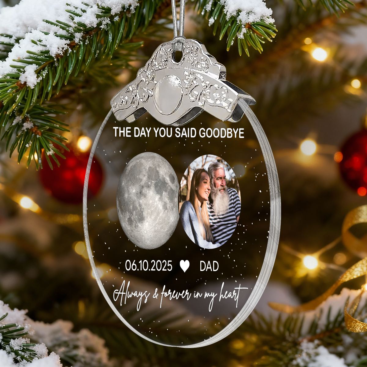 The Day You Said Goodbye Custom Moon Phase Upload Photo - Personalized Glass Ornament With Silver Cap - Heartwarming Memorial Sympathy Gift