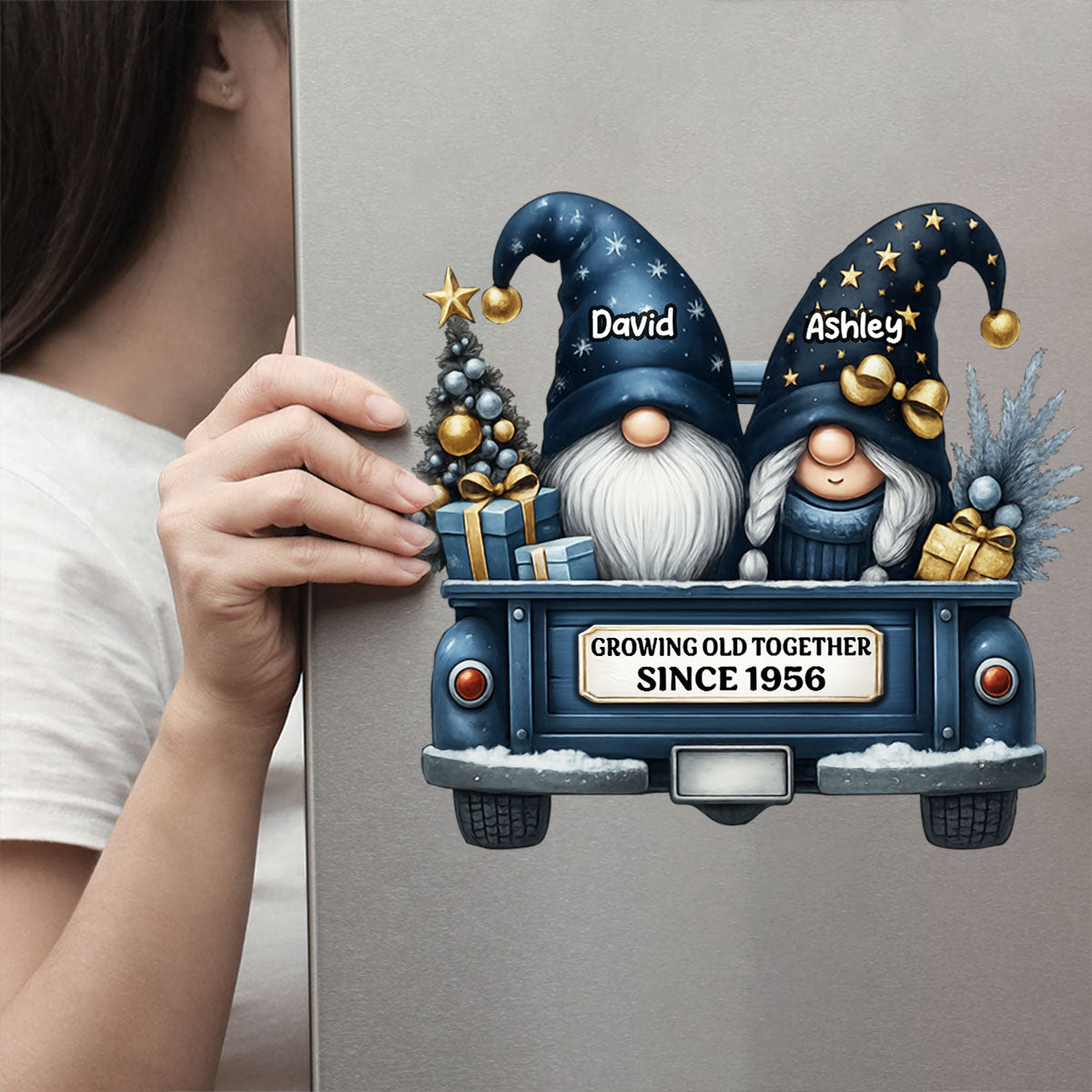 Gnome Couple Growing Old Together Personalized Fridge Decal, Gift for Couple
