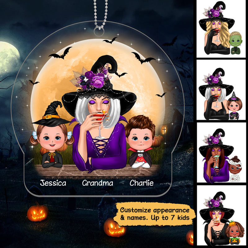 Halloween Grandma & Doll Kid Under Moonlight Personalized Acrylic Ornament