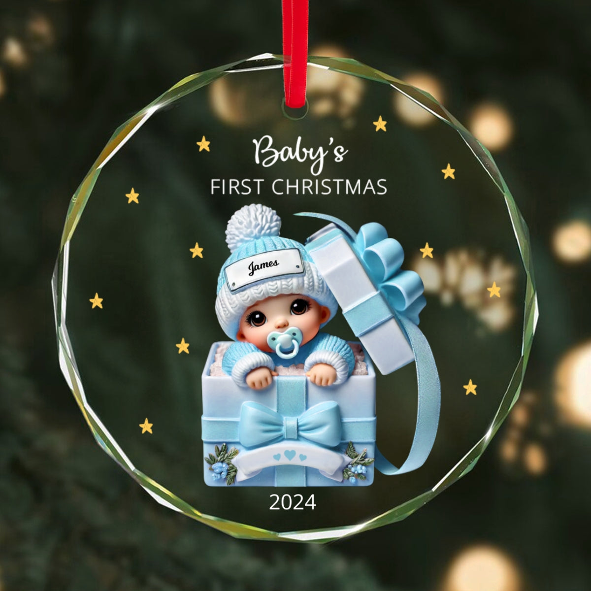 Baby Inside Gift Box Personalized Glass Ornament, Baby First Christmas Keepsake