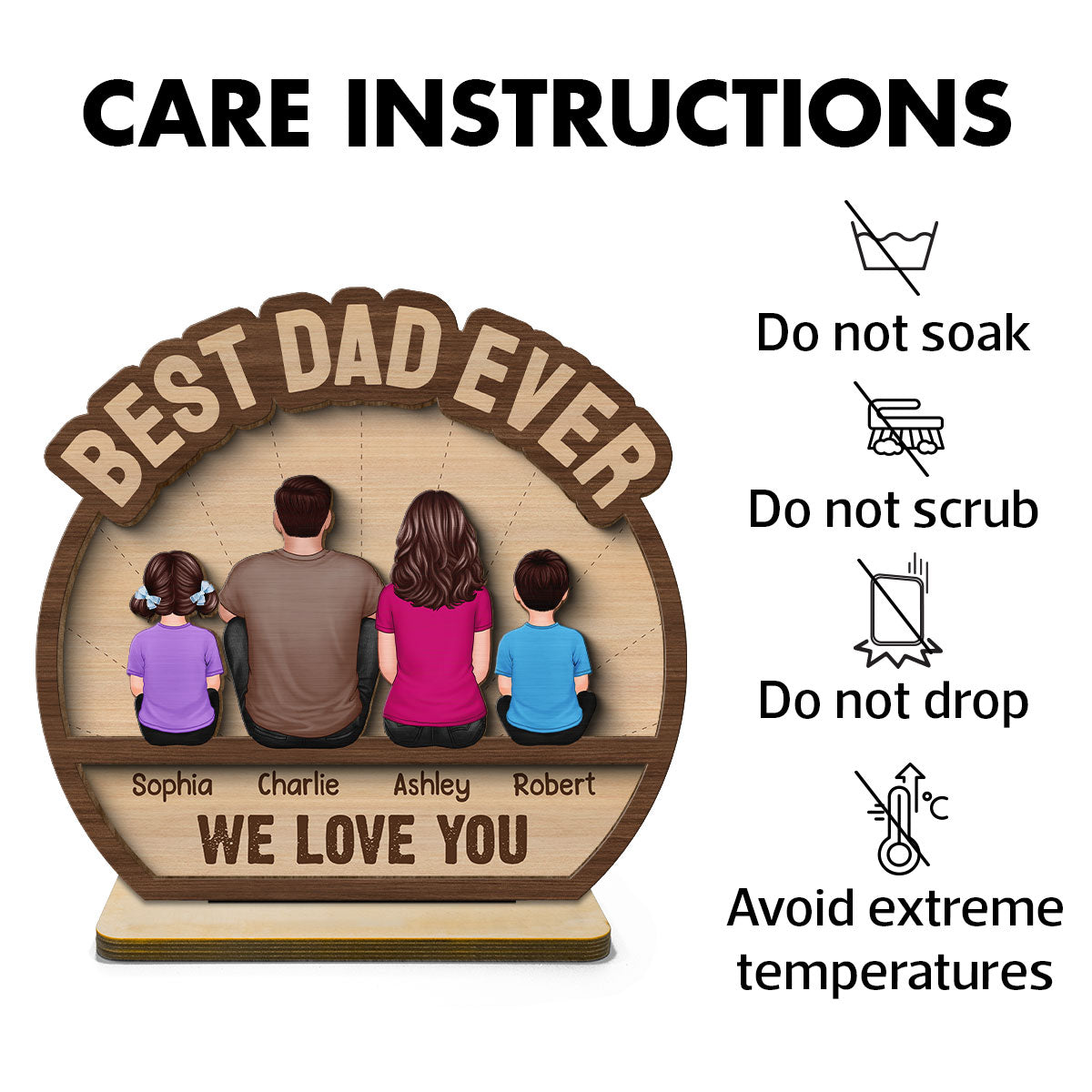 Best Dad Ever Man & Kids Back View Personalized 2-Layer Standing Wooden Plaque