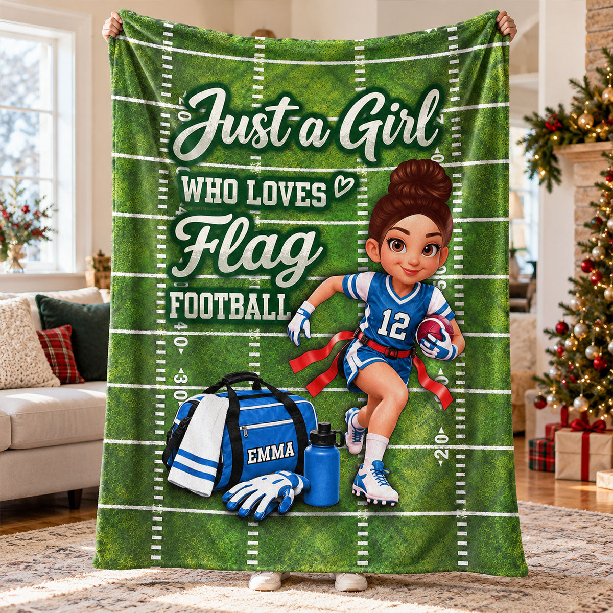 Just a Girl Who Loves Flag Football - Personalized Fleece Blanket - Christmas Gift for Daughter, Granddaughter, Niece