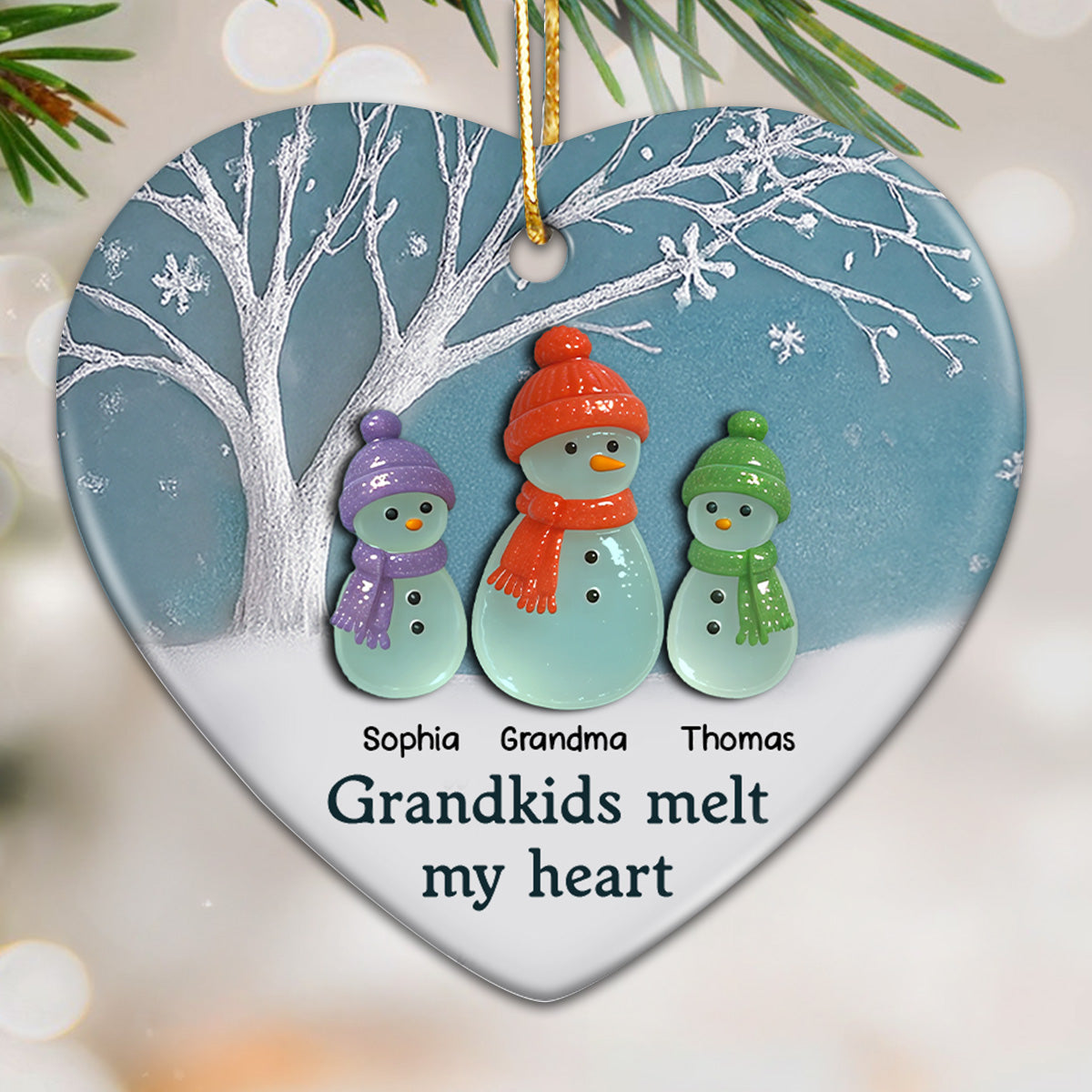 2D Sea Glass Snowman Grandma & Grandkids - Personalized Ceramic Ornament - Christmas Gift For Grandchildren, Grandma